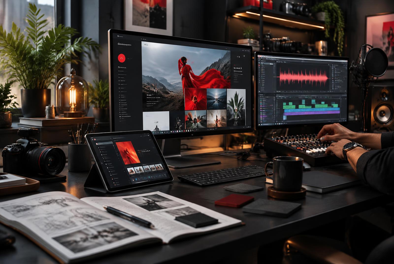 A conceptual OneFlo creative solutions studio with web, mobile, branding and audio production tools